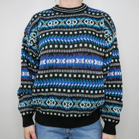 Botany 500 Sweaters - Vintage 70s Teal and Purple Geometric Sweater